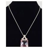.925 Sterling Silver Larger Faceted Pink Sapphire Crystal Pendant Necklace