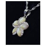 .925 Sterling Silver Mother of Pearl Crystal Flower Pendant Necklace