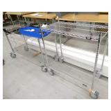 2 wire shelving carts on wheels and contents