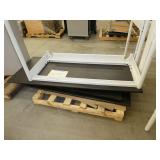 Steel frame, adjustable height workbench with laminate top and wired with electrical outlets 120V plugs