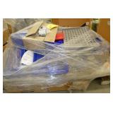Pallet with New and used wire shelving 24x48, parts bins and a bin hanger panel