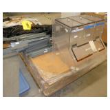 Pallet of shelving, boards are 2x4 ft, plus an acrylic bin