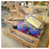 Pallet of shovels, tamper, parking lot striper, some raw materials (carbon fiber and starmag ferrite)