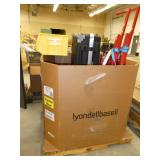 Gaylord pallet of items, rolling storage case 20x60, red lifts of some kind,
