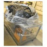 Rolling steel cart with a tarp on top and misc items below including a enclosed transformer 6.4kva 3ph 230V
