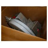 Rolling steel cart with a tarp on top and misc items below including a enclosed transformer 6.4kva 3ph 230V