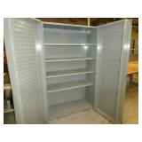 Two door parts storage with parts bin hangers on the side doors