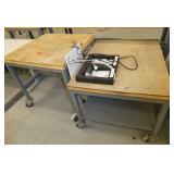 Two rolling tables 30x30 and 30x38, wood top steel base