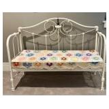 LBR2 - Vintage White Metal Bench with Vintage Quilt-Covered Cushion