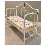 LBR2 - Vintage White Metal Bench with Vintage Quilt-Covered Cushion