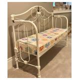 LBR2 - Vintage White Metal Bench with Vintage Quilt-Covered Cushion