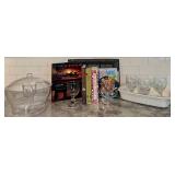 Kitchen Cookbooks, Corningware Dish, Goblets & Basket Mixed Lot