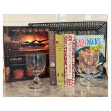 Kitchen Cookbooks, Corningware Dish, Goblets & Basket Mixed Lot