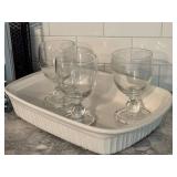 Kitchen Cookbooks, Corningware Dish, Goblets & Basket Mixed Lot