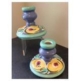 E - Pair of Vibrant Ceramic Candleholders