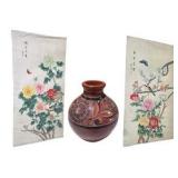 Asian Floral Wall Art Fabric Panels & Signed Pottery Vase Décor Lot