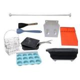 Mixed Kitchen Household Lot Pans Muffin Tray Wire Baskets Wrap Dispenser, Tension Rod, Collapsible Basin, Silicone Drying Matt, Silicone Serving Utensils, and Wall Mount Dual Glove Box Holder