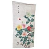 Asian Floral Wall Art Fabric Panels & Signed Pottery Vase Décor Lot