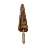 Asian Style Paper Parasol Umbrella Crane and Tree Design Wood Handle