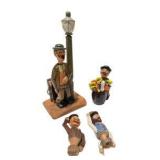 Vintage Hand Carved Wood Folk Art Figure Lot With Bottle Opener, Corkscrew, Barrel Holder and Picks