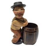 Vintage Hand Carved Wood Folk Art Figure Lot With Bottle Opener, Corkscrew, Barrel Holder and Picks