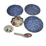 Japanese Blue Floral Bowls, Hand Painted Footed Dish & Porcelain Spoon Lot
