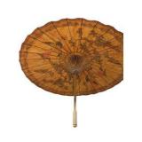 Asian Style Paper Parasol Umbrella Crane and Tree Design Wood Handle