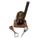 Vintage Hand Carved Wood Folk Art Figure Lot With Bottle Opener, Corkscrew, Barrel Holder and Picks