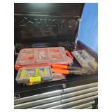 Craftsman black steel rolling tool cabinet and Husky Upper Cabinet full of tools