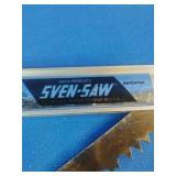 This is a Sven-Saw folding camping saw with a red aluminum handle.