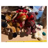 Rustic Birch Twig Bench w/ 3 Christmas Plush Reindeer Moose Bear Decor