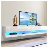Floating TV Stand with LED Lights for TVs up to 80 inch, High Glossy Floating Entertainment Center, Modern Wall Mounted TV Shelf, Floating TV Stand Cabinet Living Room (White with AC Outlet)