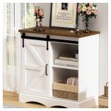 31.5” Buffet Storage Cabinet - Farmhouse Style, Sliding Barn Door, Adjustable Shelf - White & Brown