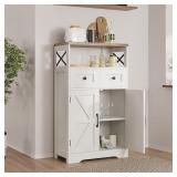 Farmhouse Storage Cabinet with Barn Doors and Shelves, Farmhouse Kitchen Pantry, Small Tall Coffee Bar Cabinet with Storage, Hutch Cupboard for Bathroom, Laundry, Living Room,White