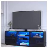 ChVans LED TV Stand for 55 inch TV, High Glass Modern Entertainment Center with LED Lights and Glossy Cabinets - Black