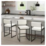 SAECKBERG Modern Counter Height Bar Stools, 26" Bar Height Chairs with Backs, Upholstered Counter Stools, Metal Barstools for Kitchen Island (Bright White- Faux Leather, 26" H - Set of 3)