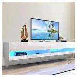 Floating TV Stand with LED Lights for TVs up to 80 inch, High Glossy Floating Entertainment Center, Modern Wall Mounted TV Shelf, Floating TV Stand Cabinet Living Room (White with AC Outlet)