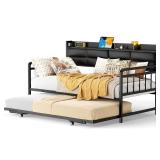 Twin Daybed with Trundle, Twin to King Size Day Bed with Power Outlets & Upholstered Headboard, Metal Sofa Bed for Living Room, Bedroom, Guest Room, Black