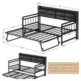 Twin Daybed with Trundle, Twin to King Size Day Bed with Power Outlets & Upholstered Headboard, Metal Sofa Bed for Living Room, Bedroom, Guest Room, Black