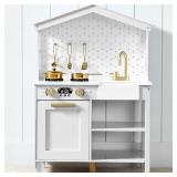 Best Choice Products Pretend Play Wooden Farmhouse Kitchen Set for Kids w/Toy Storage, Clicking Knobs, Windows, 5 Accessories Included - White