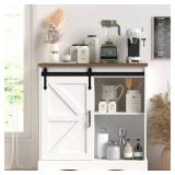 31.5” Buffet Storage Cabinet - Farmhouse Style, Sliding Barn Door, Adjustable Shelf - White & Brown