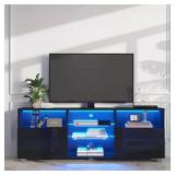 ChVans LED TV Stand for 55 inch TV, High Glass Modern Entertainment Center with LED Lights and Glossy Cabinets - Black