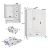 3 Door Armoire Wardrobe Closet Cabinet with Drawers and LED Lights, Multi-Tier Shelves, Hanging Rod & 3 Louver Doors, Large Capacity Storage Wardrobe Armoire for Bedroom, White