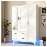 3 Door Armoire Wardrobe Closet Cabinet with Drawers and LED Lights, Multi-Tier Shelves, Hanging Rod & 3 Louver Doors, Large Capacity Storage Wardrobe Armoire for Bedroom, White