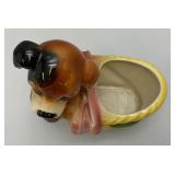 Vintage MCM Royal Copley Dog In A Basket Planter With Foil Label Souvenir Of McGregor Iowa 4" x 6 3/4" x 7"