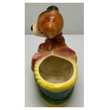 Vintage MCM Royal Copley Dog In A Basket Planter With Foil Label Souvenir Of McGregor Iowa 4" x 6 3/4" x 7"
