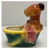 Vintage MCM Royal Copley Dog In A Basket Planter With Foil Label Souvenir Of McGregor Iowa 4" x 6 3/4" x 7"