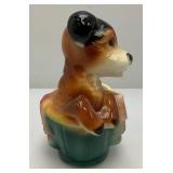 Vintage MCM Royal Copley Dog In A Basket Planter With Foil Label Souvenir Of McGregor Iowa 4" x 6 3/4" x 7"