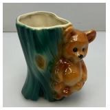Vintage MCM Royal Copley Bear Sitting in Tree Stump Planter 3" x 5" x 5 1/2"