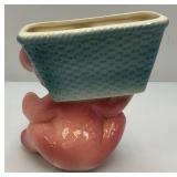 Vintage MCM Royal Copley Pink BearCarrying Basket Planter 6 1/4" Tall